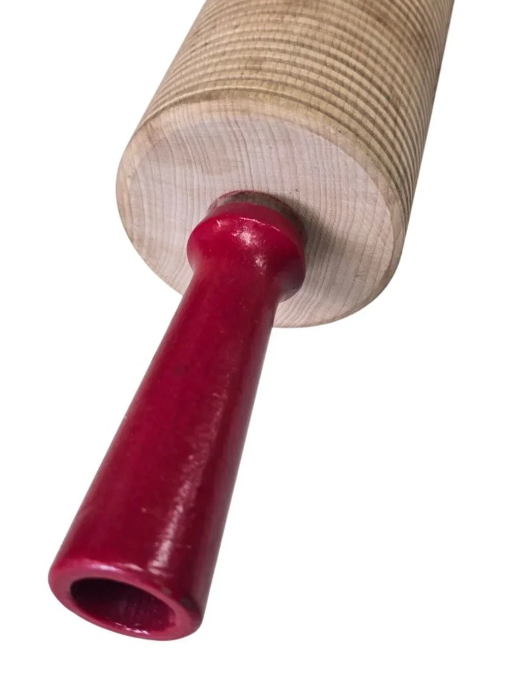 Vintage Wooden Ribbed Rolling Pin with Red Handles